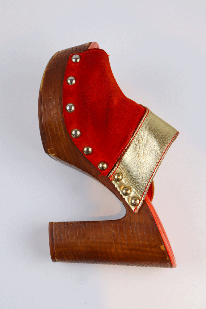 Just Cavalli 2000s Red Suede & Gold Leather Platform Clogs