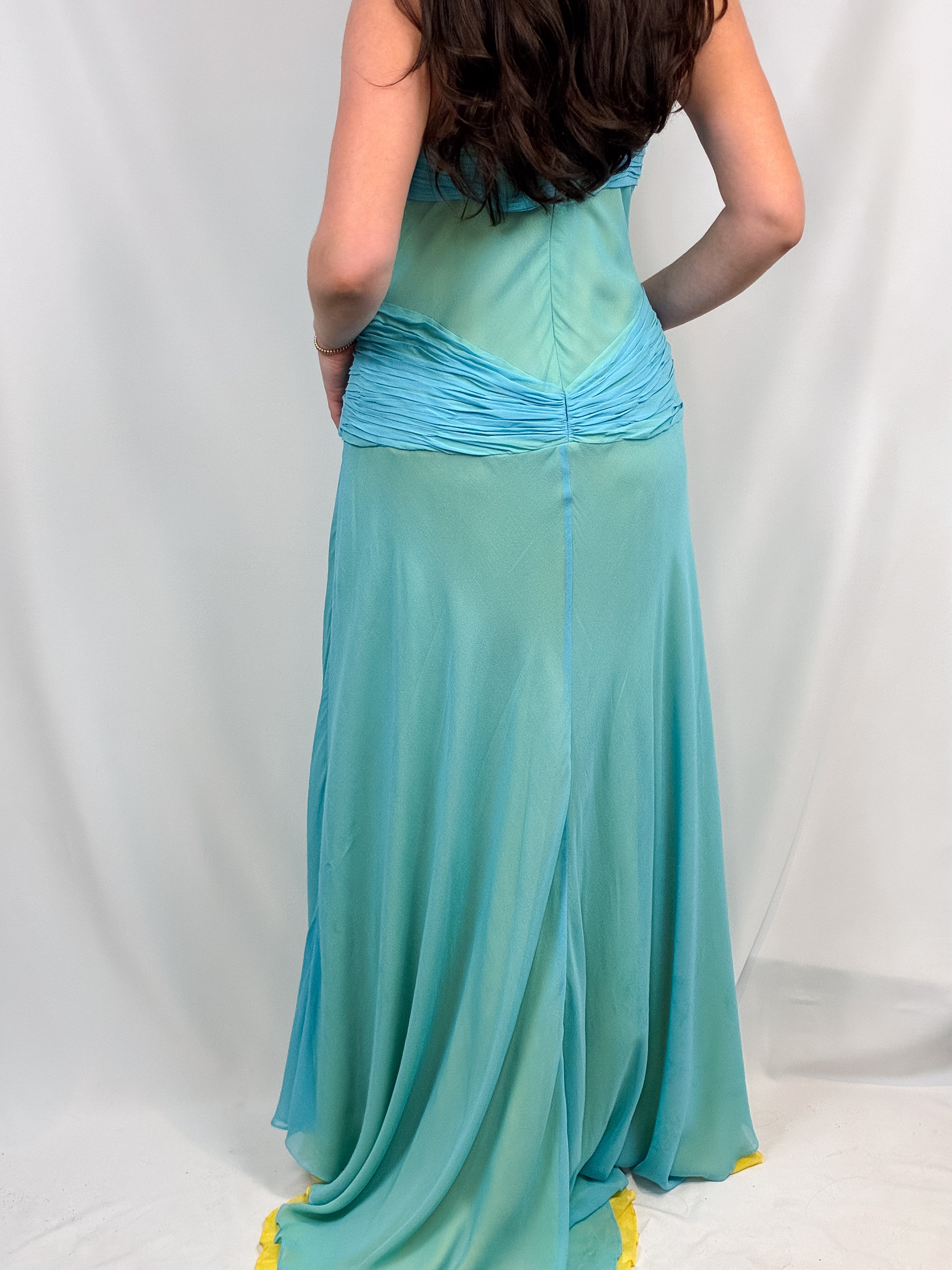 Liz Elana 2000s Turquoise & Yellow Silk Chiffon Gown - M/L