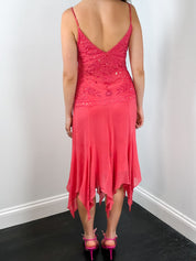 2000s Coral Beaded Handkerchief Slip Dress - S/M