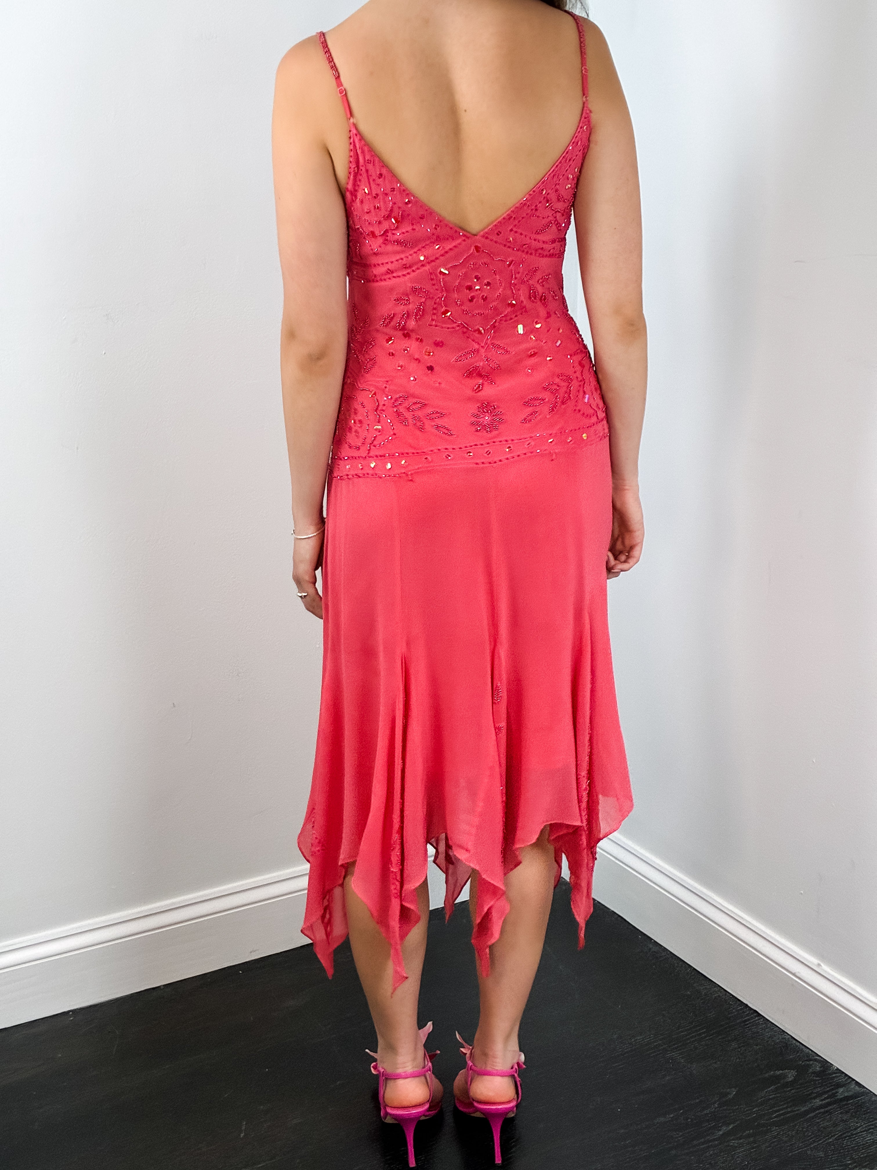 2000s Coral Beaded Handkerchief Slip Dress - S/M