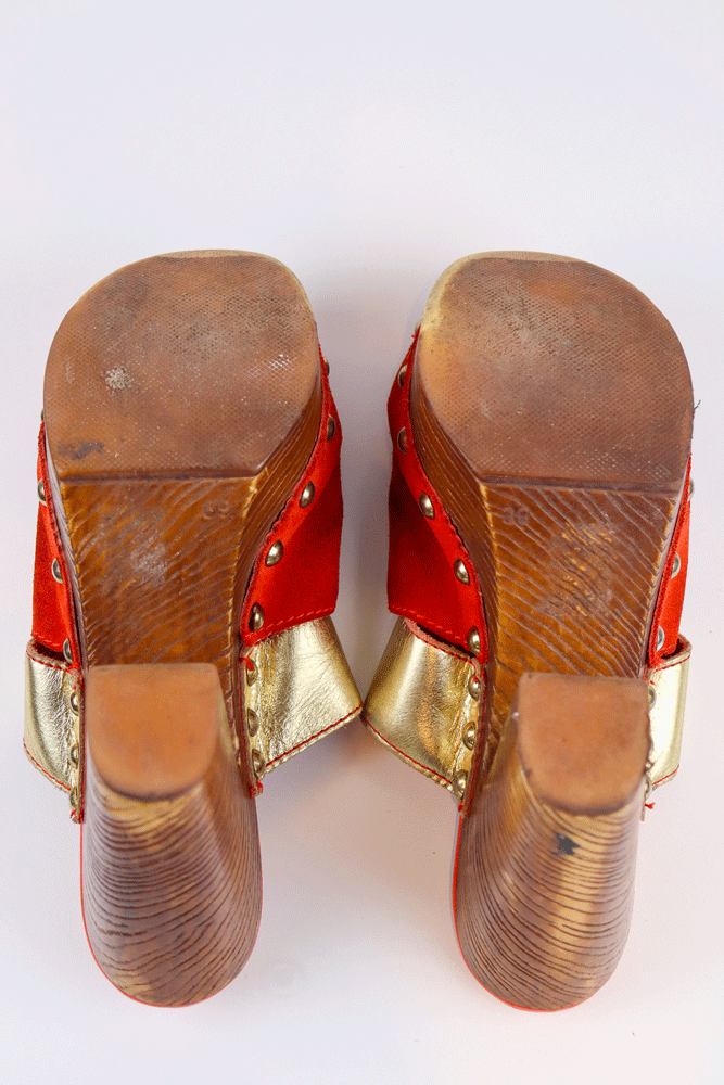 Just Cavalli 2000s Red Suede & Gold Leather Platform Clogs