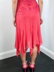 2000s Coral Beaded Handkerchief Slip Dress - S/M