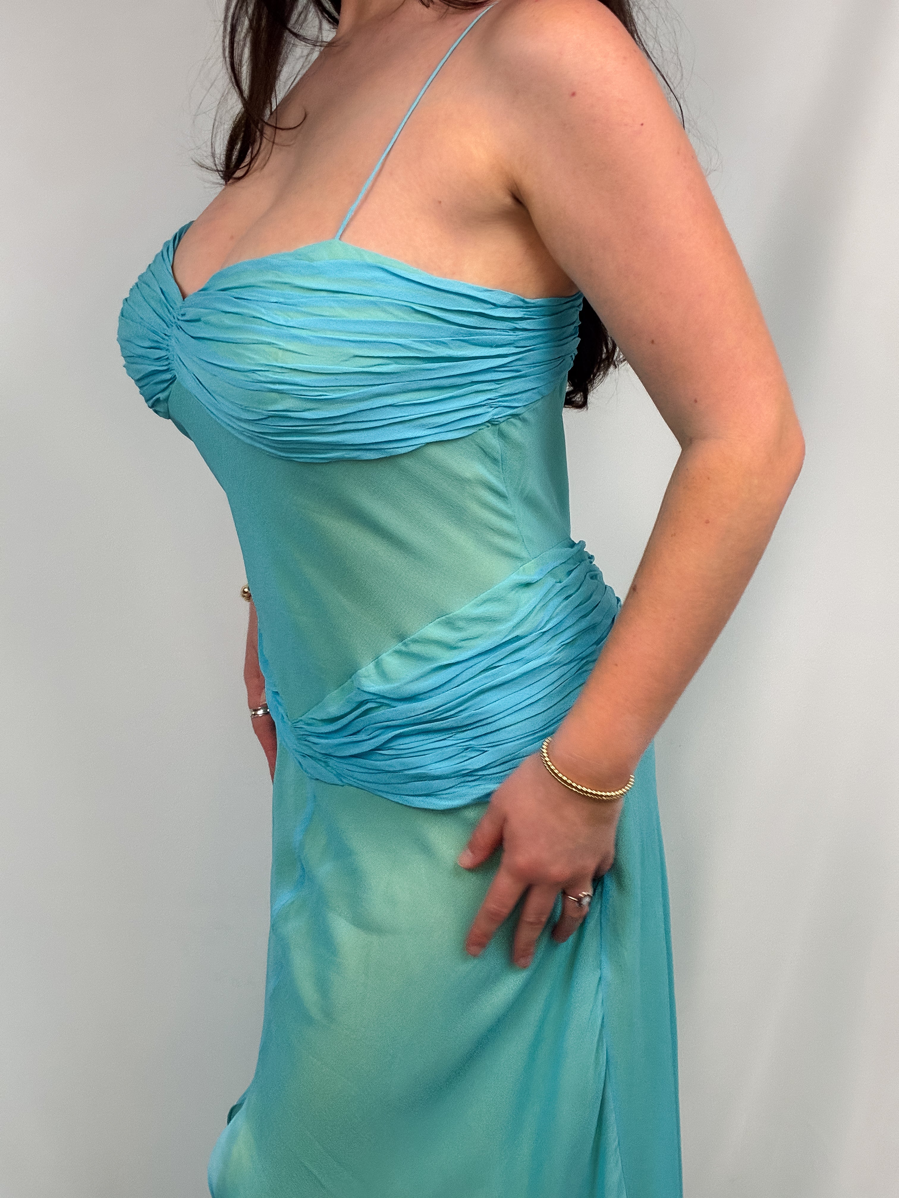 Liz Elana 2000s Turquoise & Yellow Silk Chiffon Gown - M/L