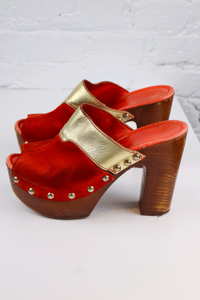 Just Cavalli 2000s Red Suede & Gold Leather Platform Clogs