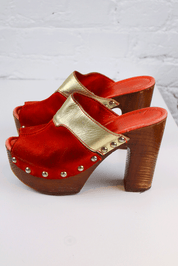 Just Cavalli 2000s Red Suede & Gold Leather Platform Clogs