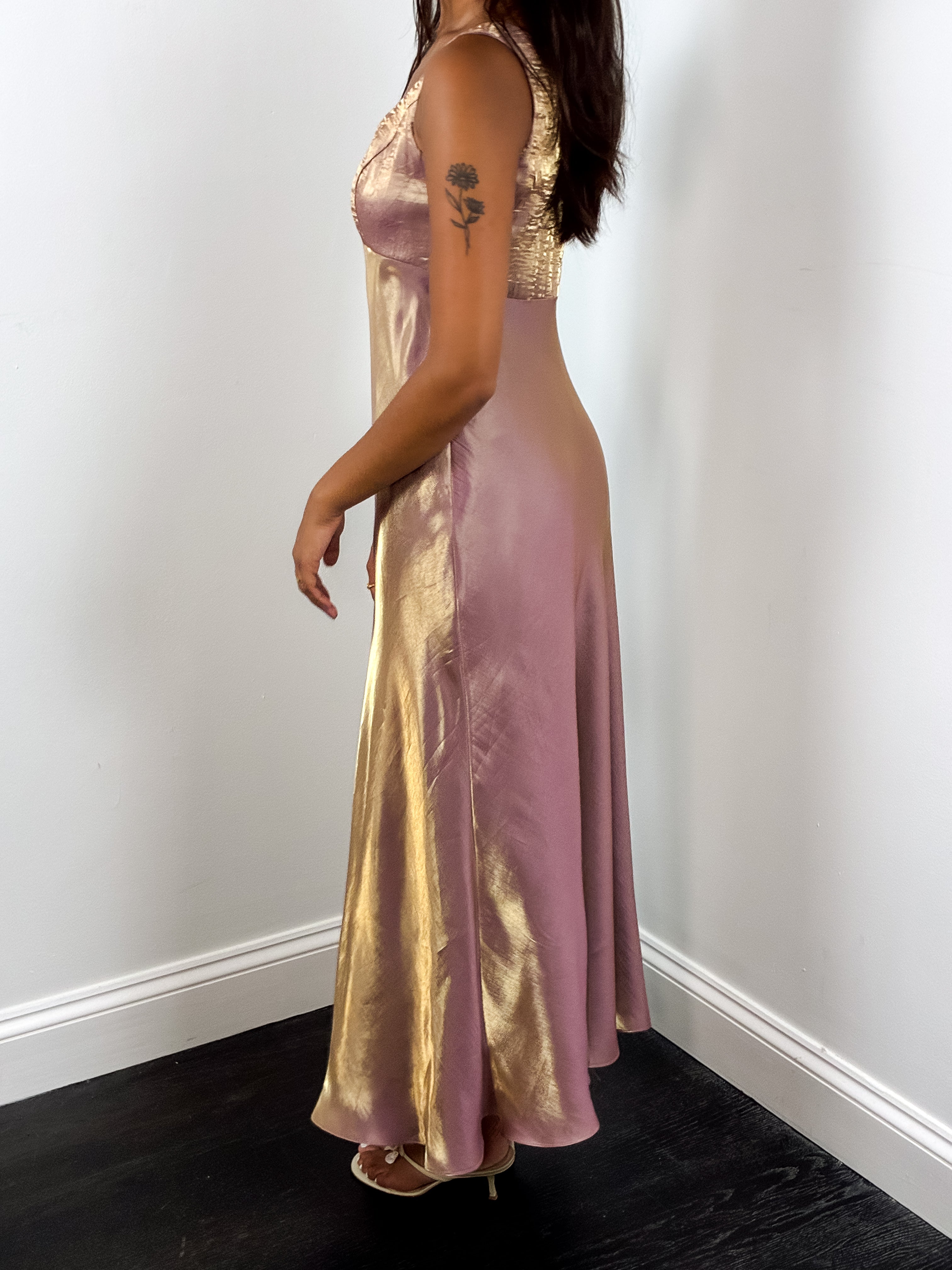 Alex Evenings 1990s Iridescent Pink and Gold Satin Gown - XS/S