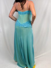 Liz Elana 2000s Turquoise & Yellow Silk Chiffon Gown - M/L
