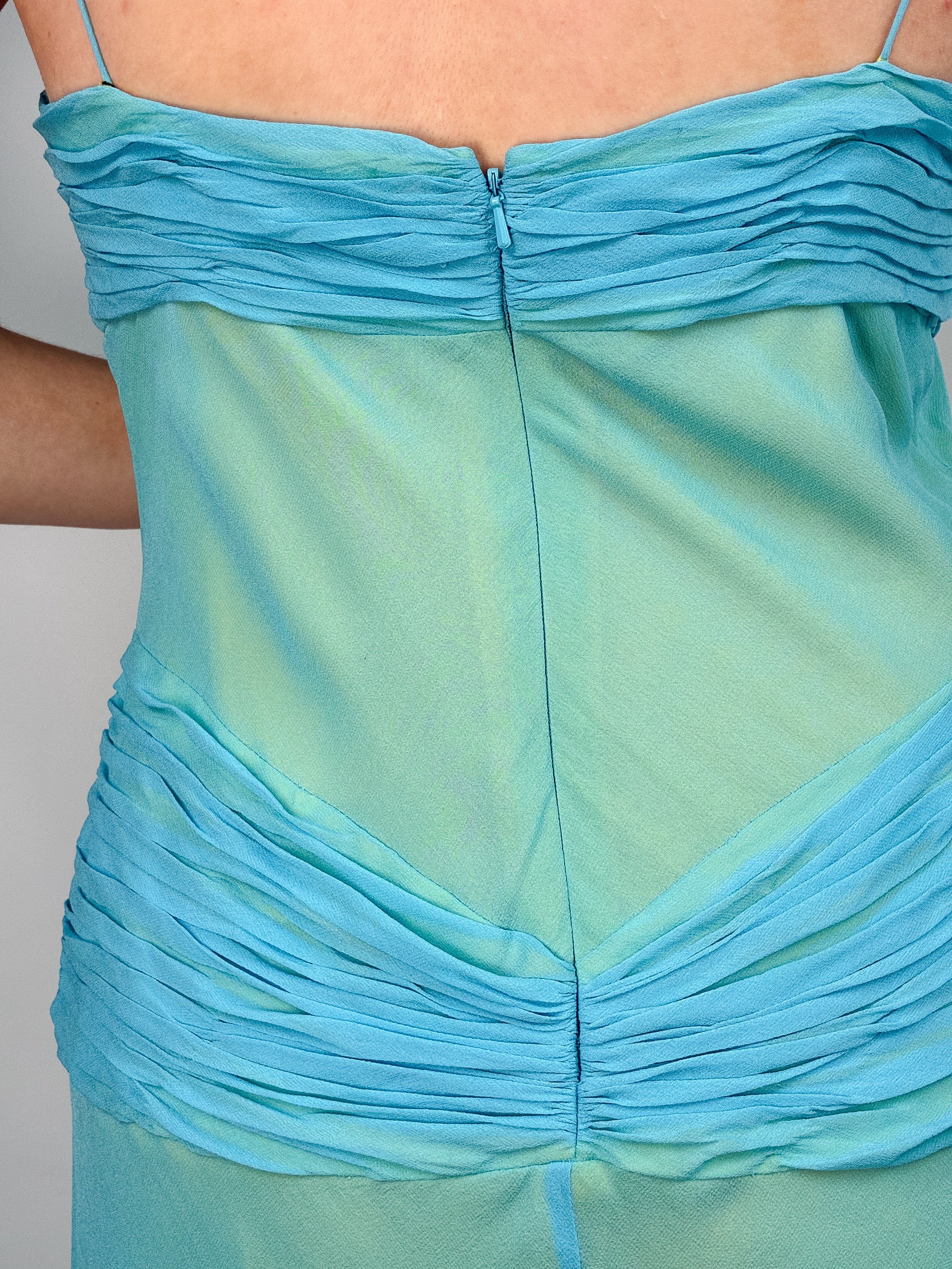 Liz Elana 2000s Turquoise & Yellow Silk Chiffon Gown - M/L