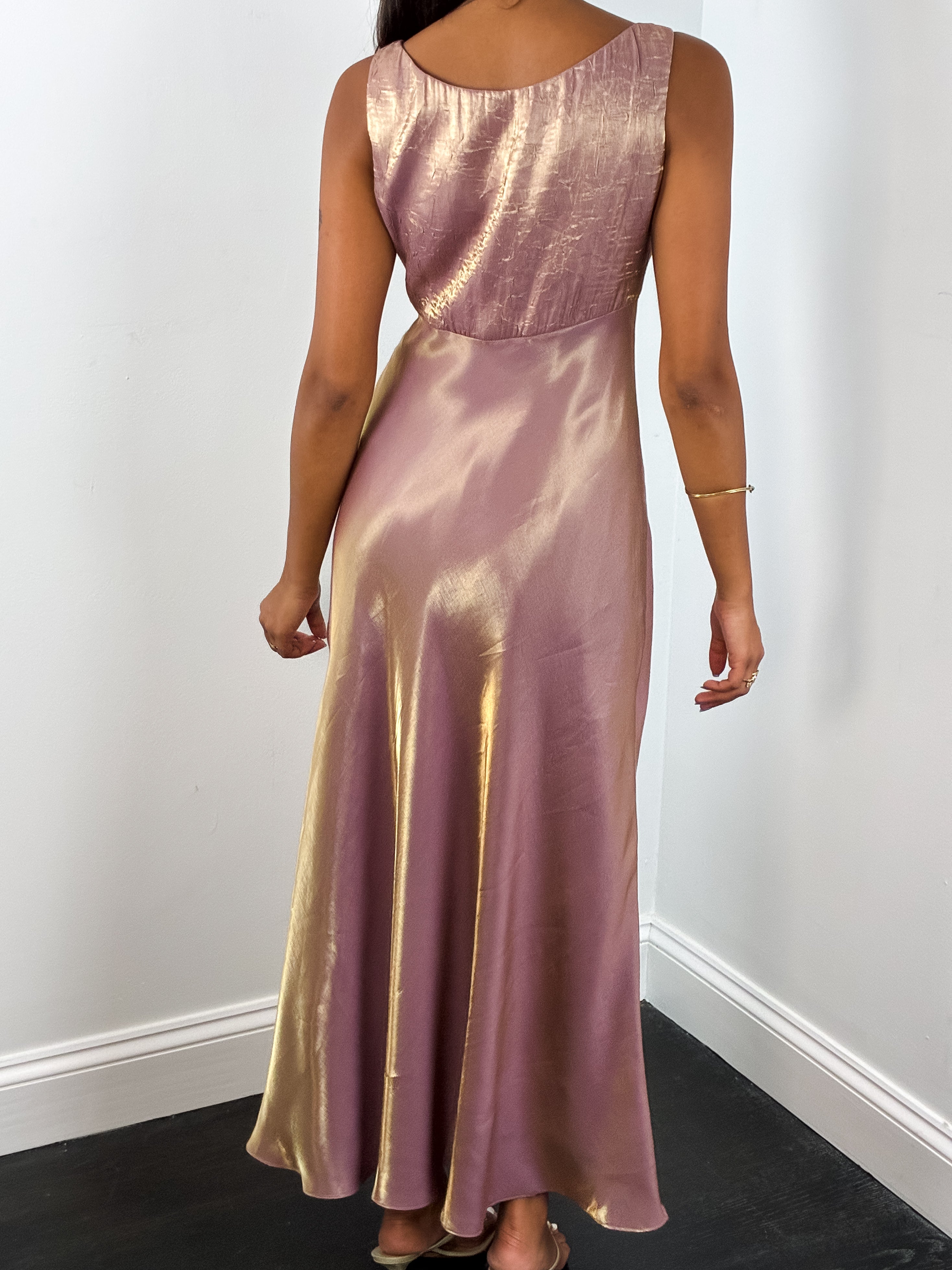 Alex Evenings 1990s Iridescent Pink and Gold Satin Gown - XS/S