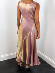 Alex Evenings 1990s Iridescent Pink and Gold Satin Gown - XS/S