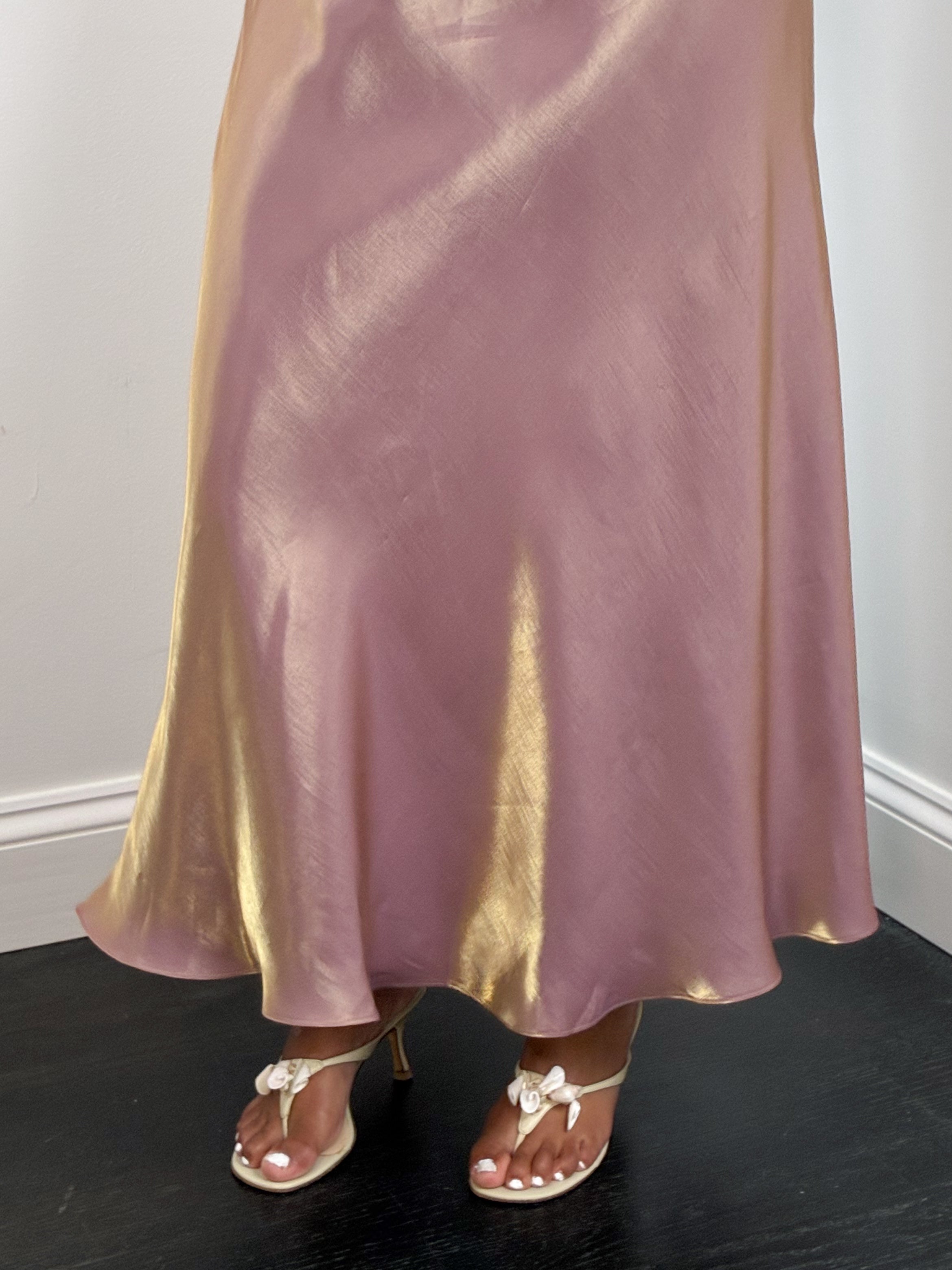 Alex Evenings 1990s Iridescent Pink and Gold Satin Gown - XS/S