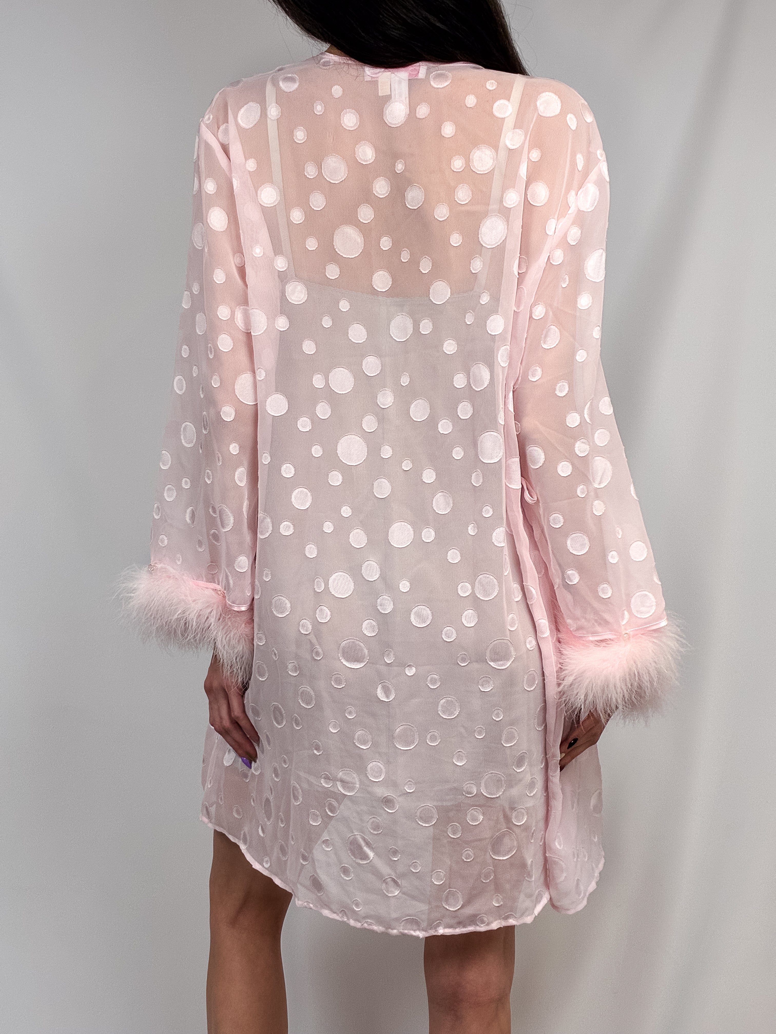 Oscar de la Renta Pink Label 2000s Pink Polka Dot Marabou Robe - M/L