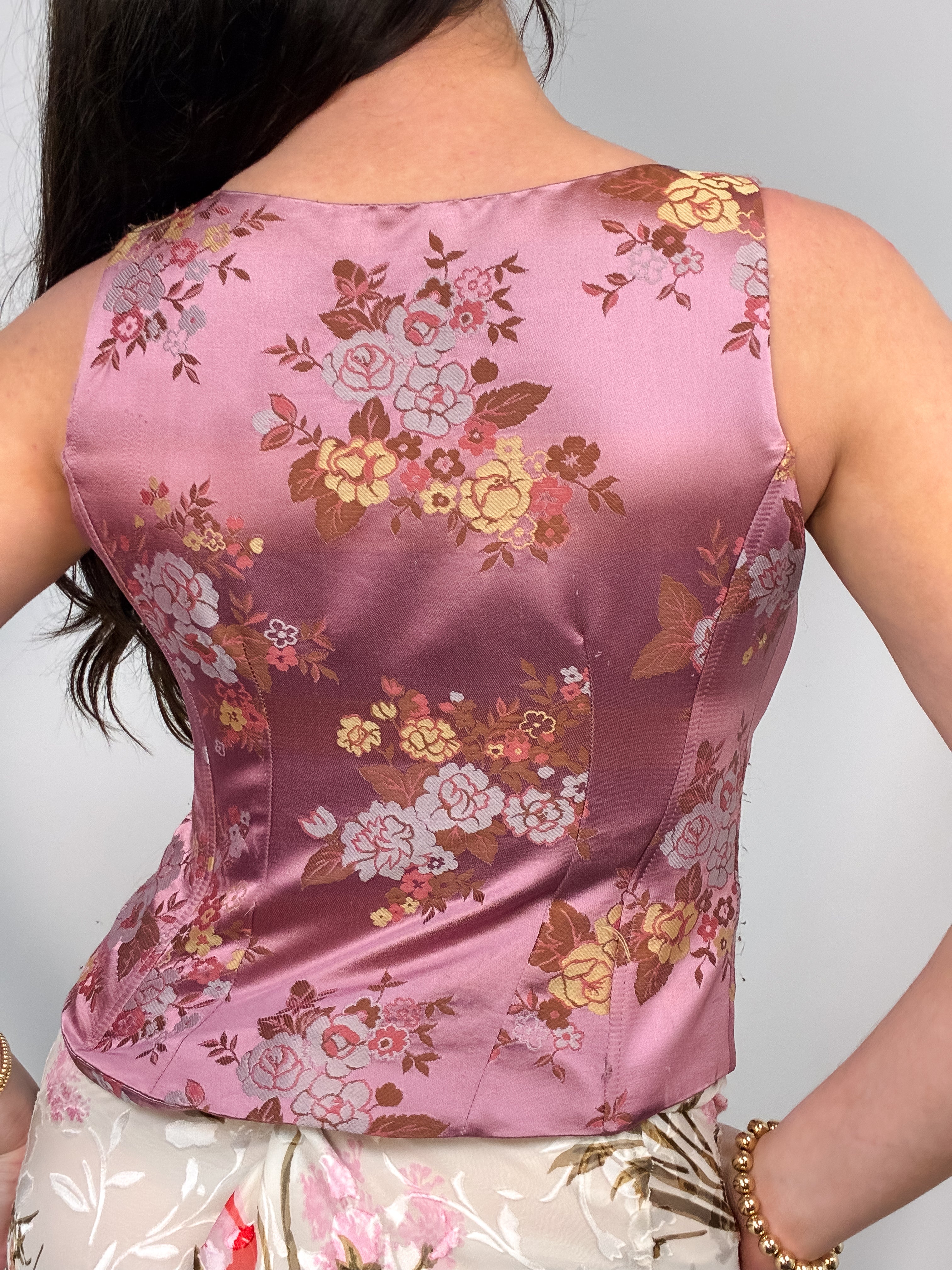 Kaliko 2000s Pink Floral Brocade Corset Top - S/M