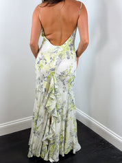 LIST Boutique 2000s White Floral Silk Cowl Neck Gown - S/M