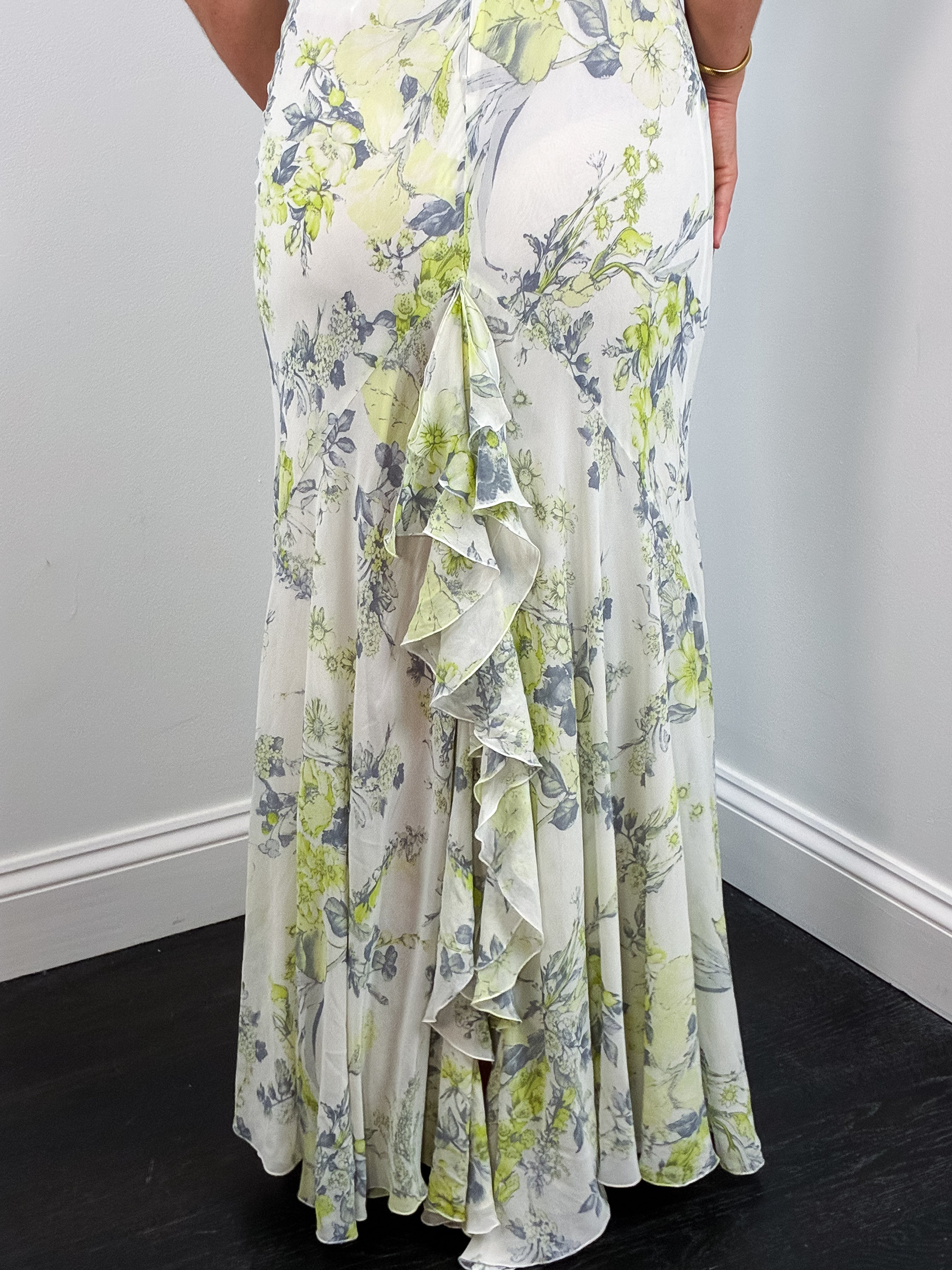 LIST Boutique 2000s White Floral Silk Cowl Neck Gown - S/M