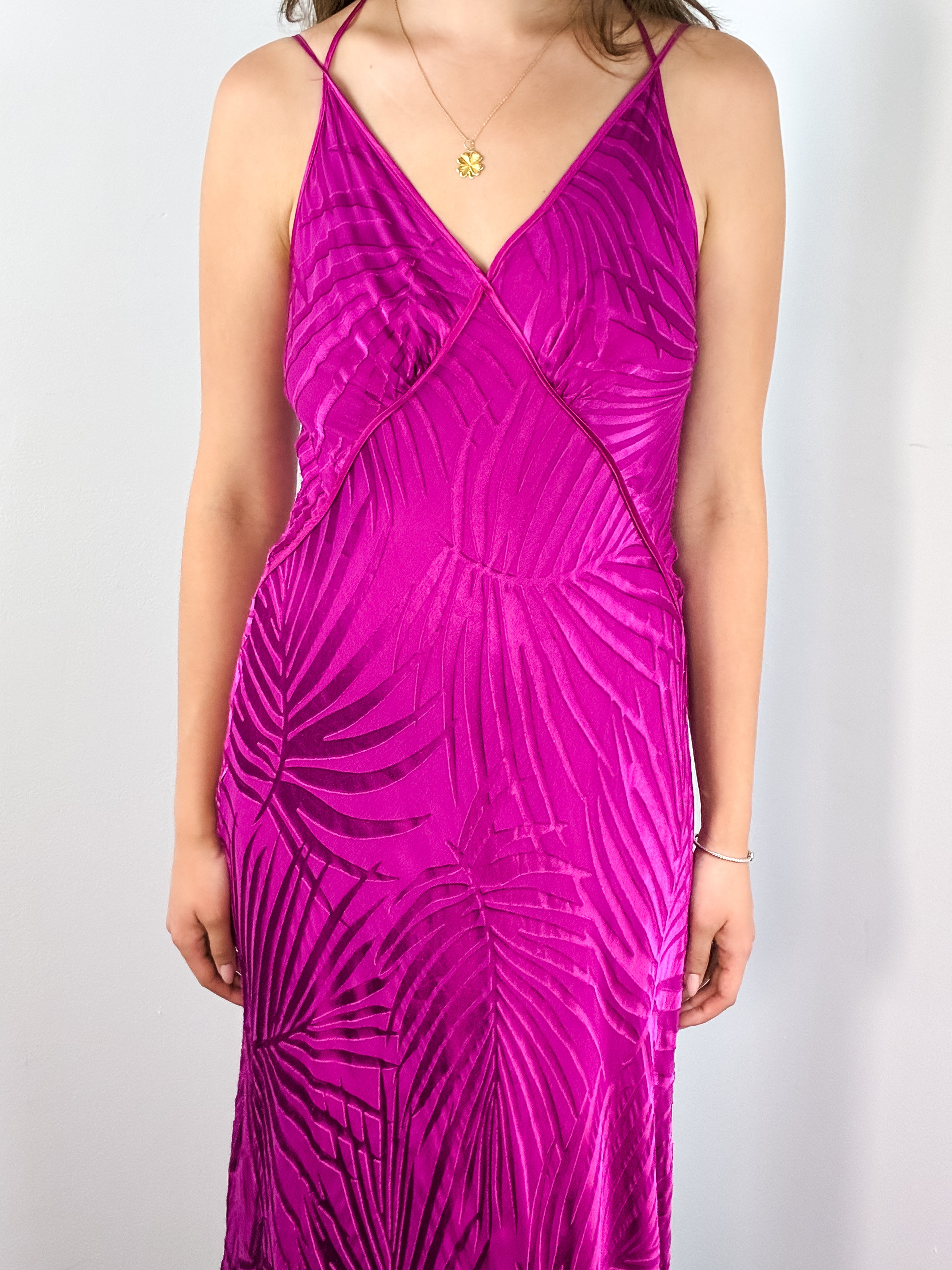 Monsoon 1990s Magenta Palm Print Devoré Velvet Maxi Dress - S