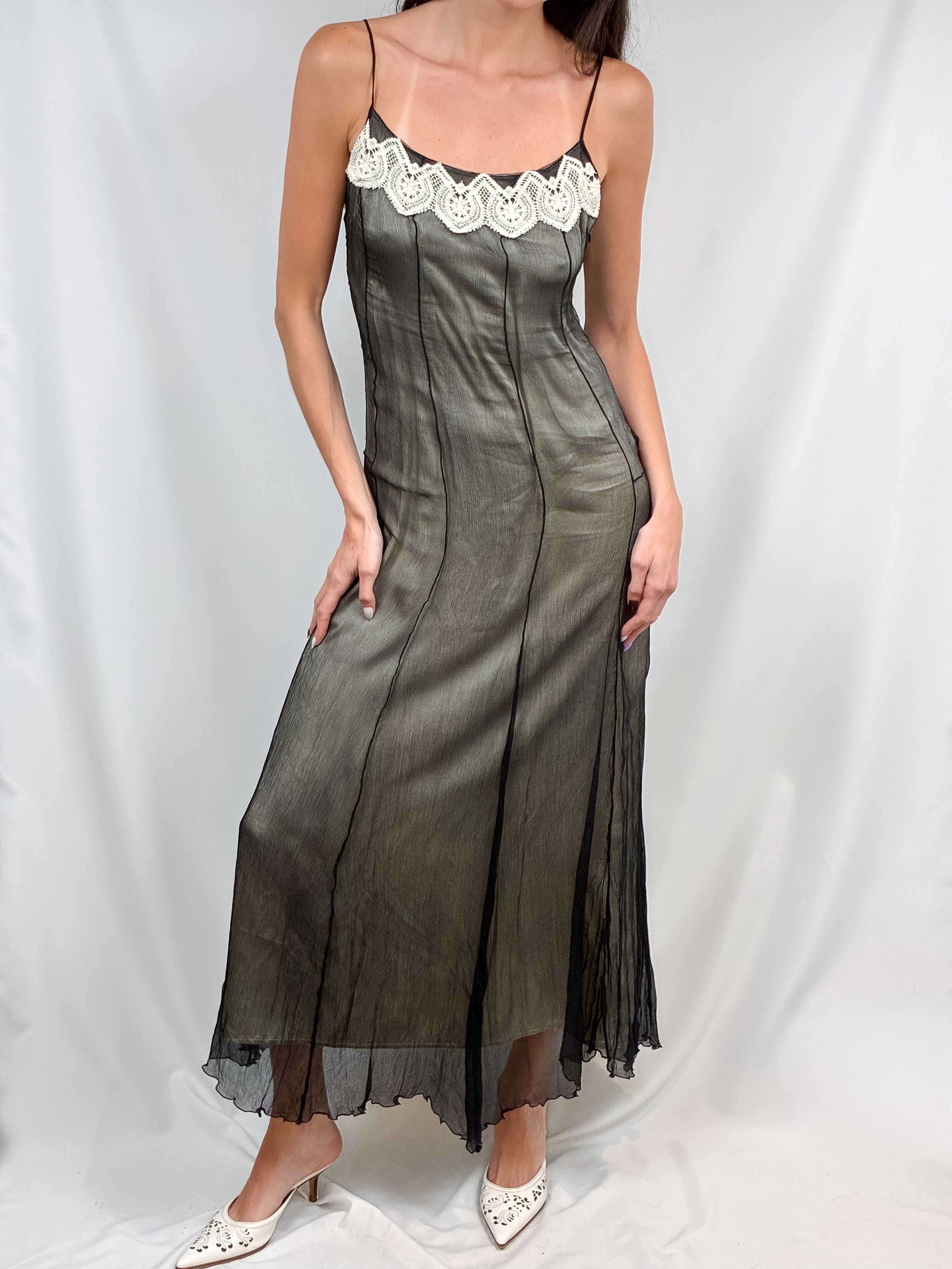 2000s Black Sheer Silk Slip Maxi Dress with Lace Trim - S/M
