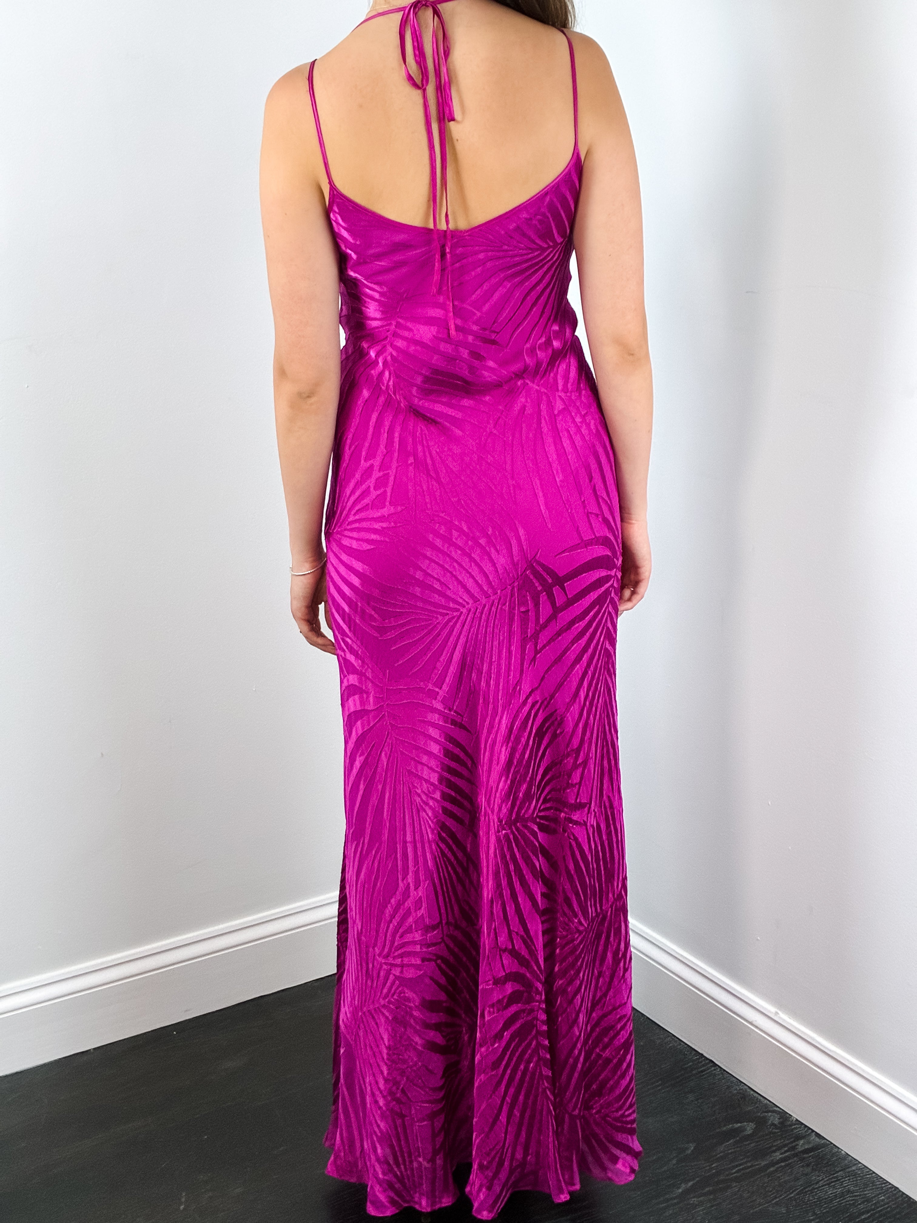 Monsoon 1990s Magenta Palm Print Devoré Velvet Maxi Dress - S