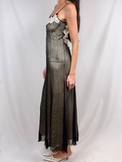 2000s Black Sheer Silk Slip Maxi Dress with Lace Trim - S/M