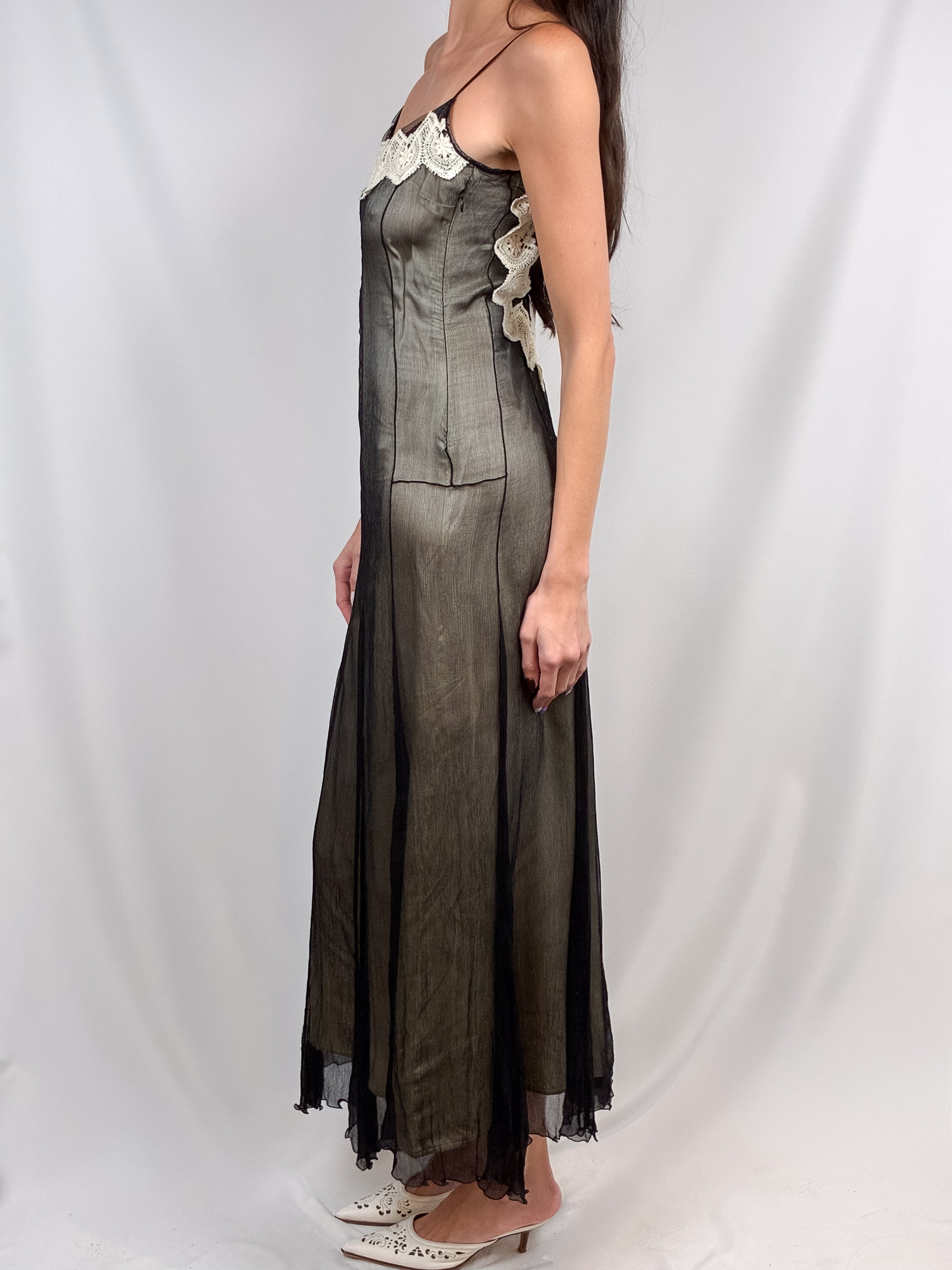 2000s Black Sheer Silk Slip Maxi Dress with Lace Trim - S/M