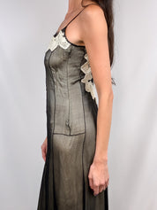 2000s Black Sheer Silk Slip Maxi Dress with Lace Trim - S/M