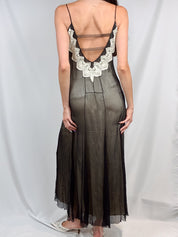 2000s Black Sheer Silk Slip Maxi Dress with Lace Trim - S/M