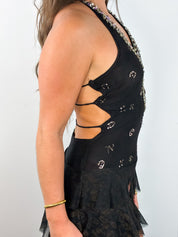 Pinko 2000s Black Beaded Paisley Tiered Mesh Mini Dress - S/M