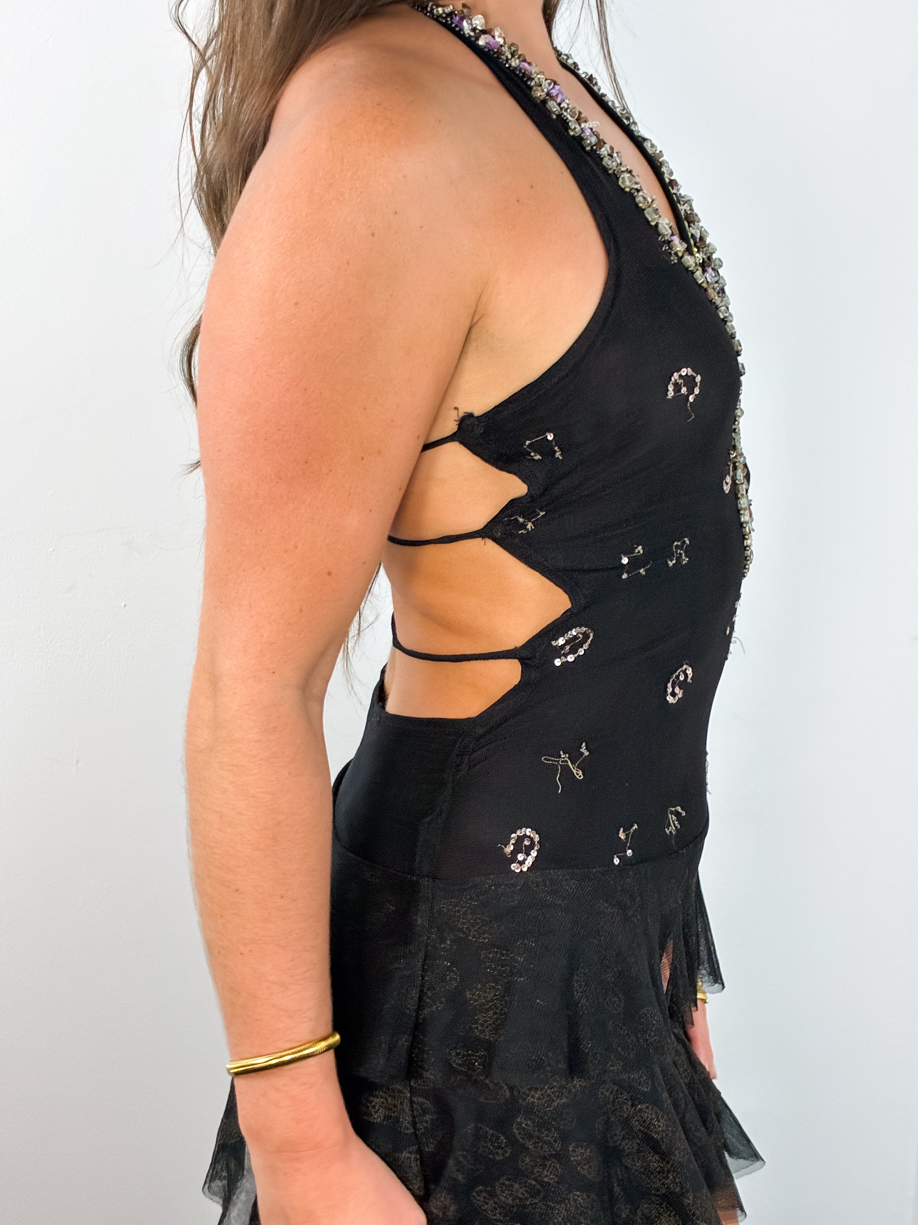 Pinko 2000s Black Beaded Paisley Tiered Mesh Mini Dress - S/M