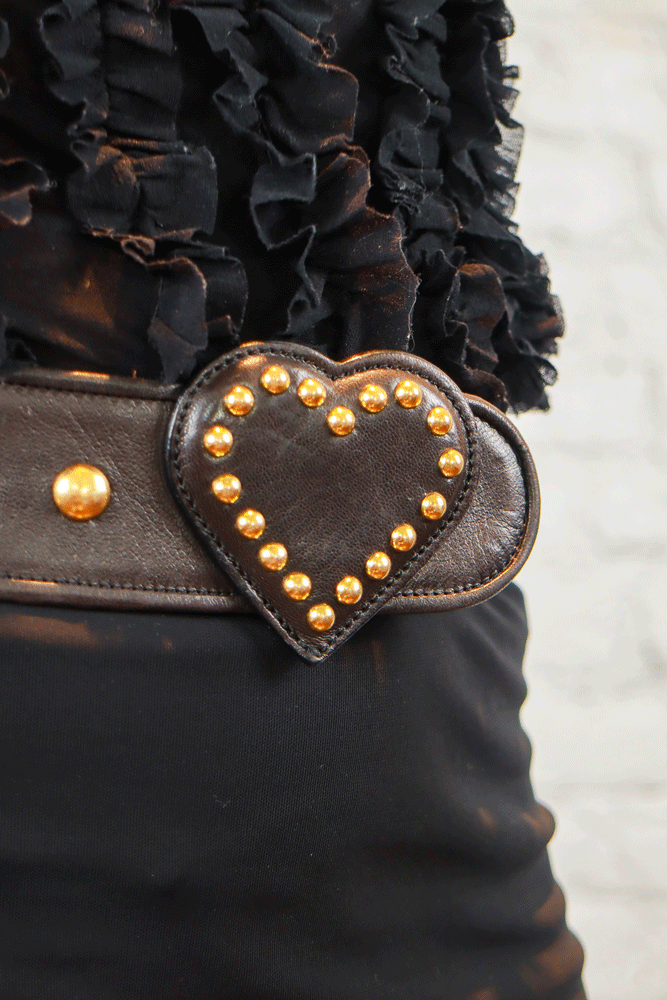 Moschino Black Leather Belt with Gold Studs and Heart Buckle