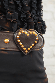 Moschino Black Leather Belt with Gold Studs and Heart Buckle