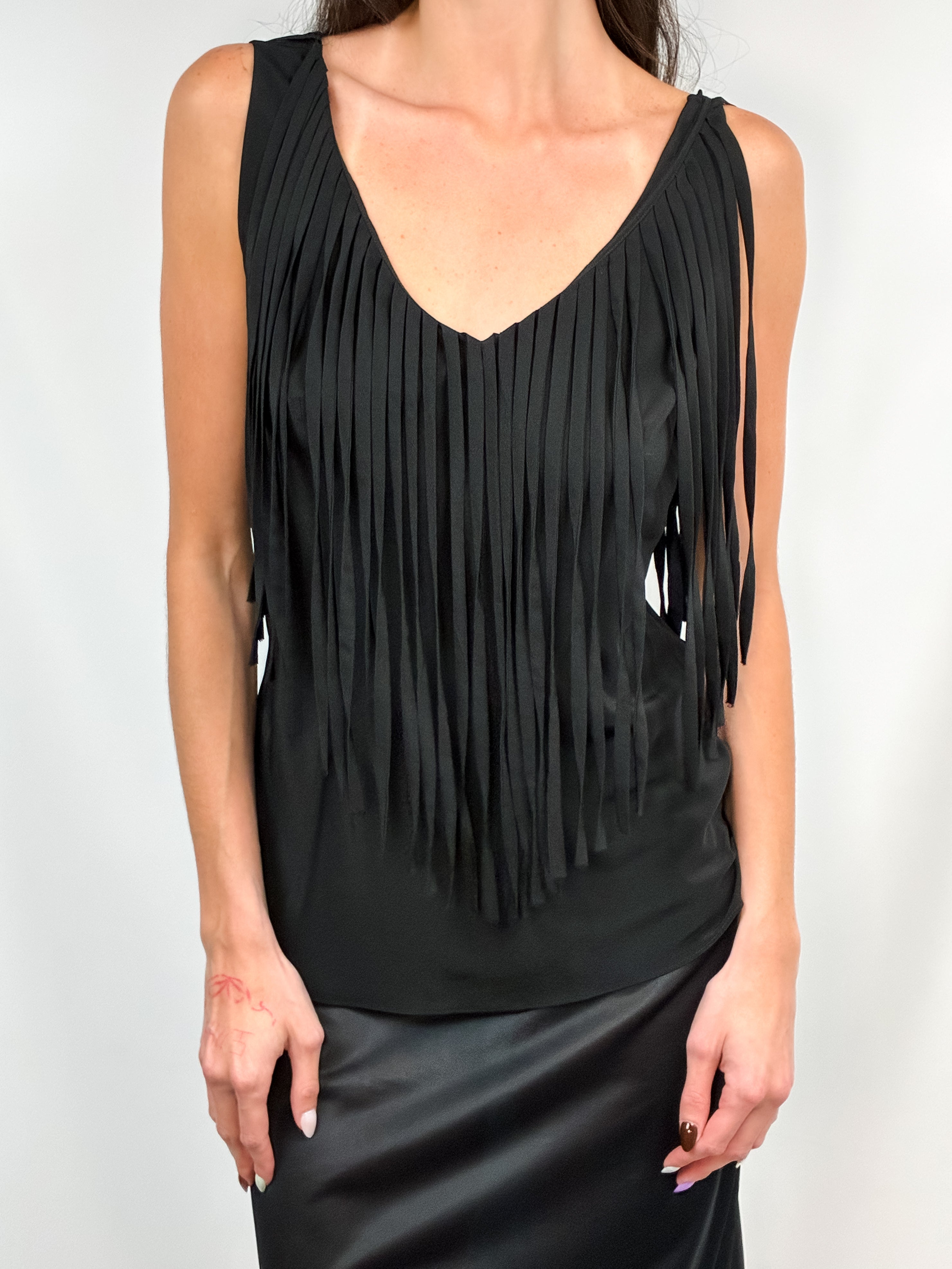 Moschino 2000s Black Silk Fringe Sleeveless Top - S/M
