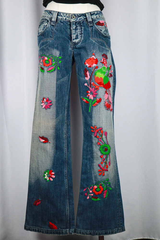Antik Denim 2000s Floral Embroidered Flare Jeans (Iris Apfel Estate)