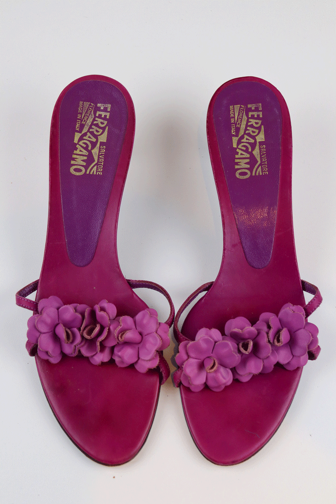 Salvatore Ferragamo 2004 Purple Floral Leather Sandals