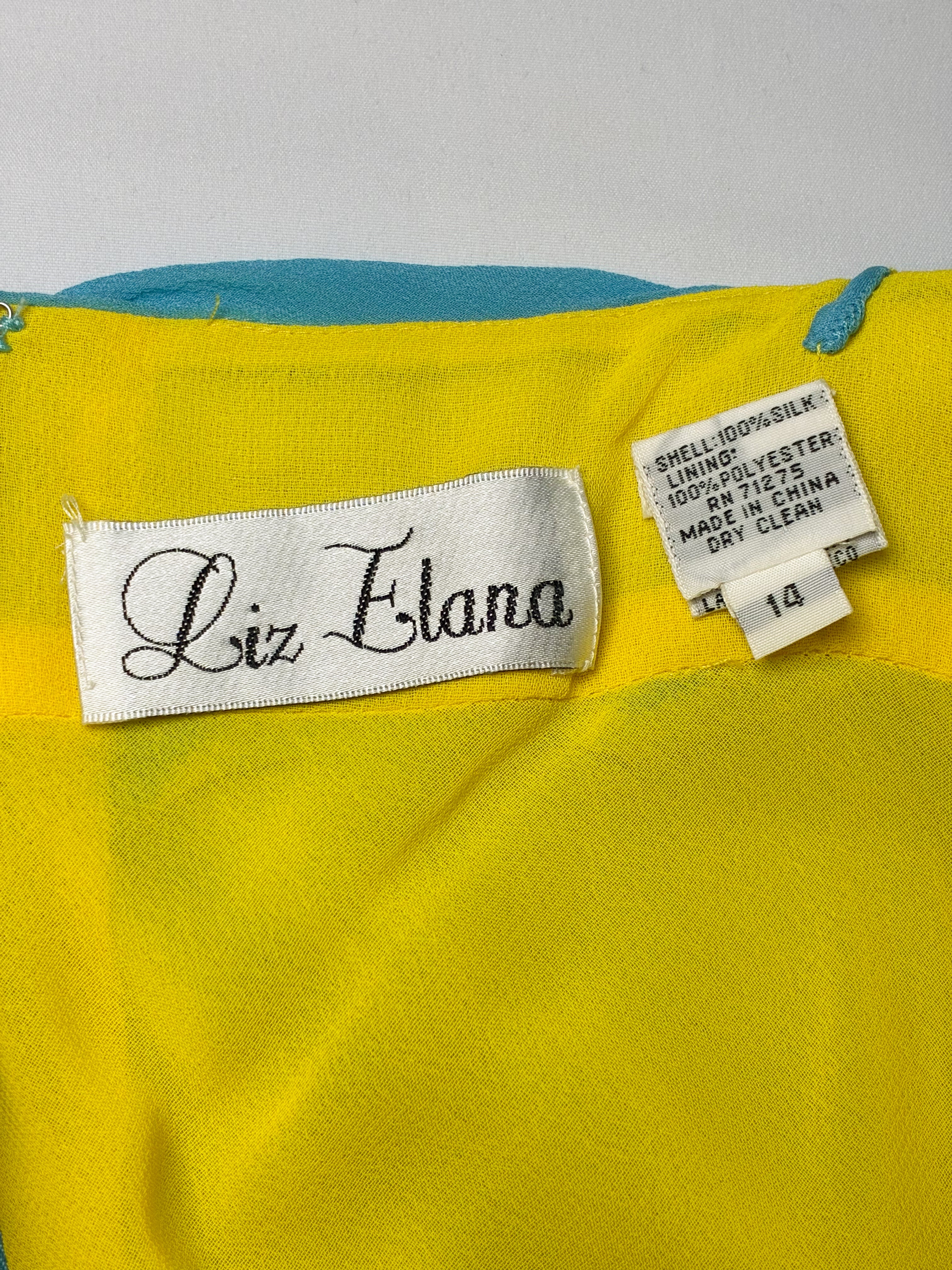 Liz Elana 2000s Turquoise & Yellow Silk Chiffon Gown - M/L