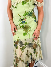 2000s Green Floral Sequin Chiffon Handkerchief Hem Maxi Dress - S/M