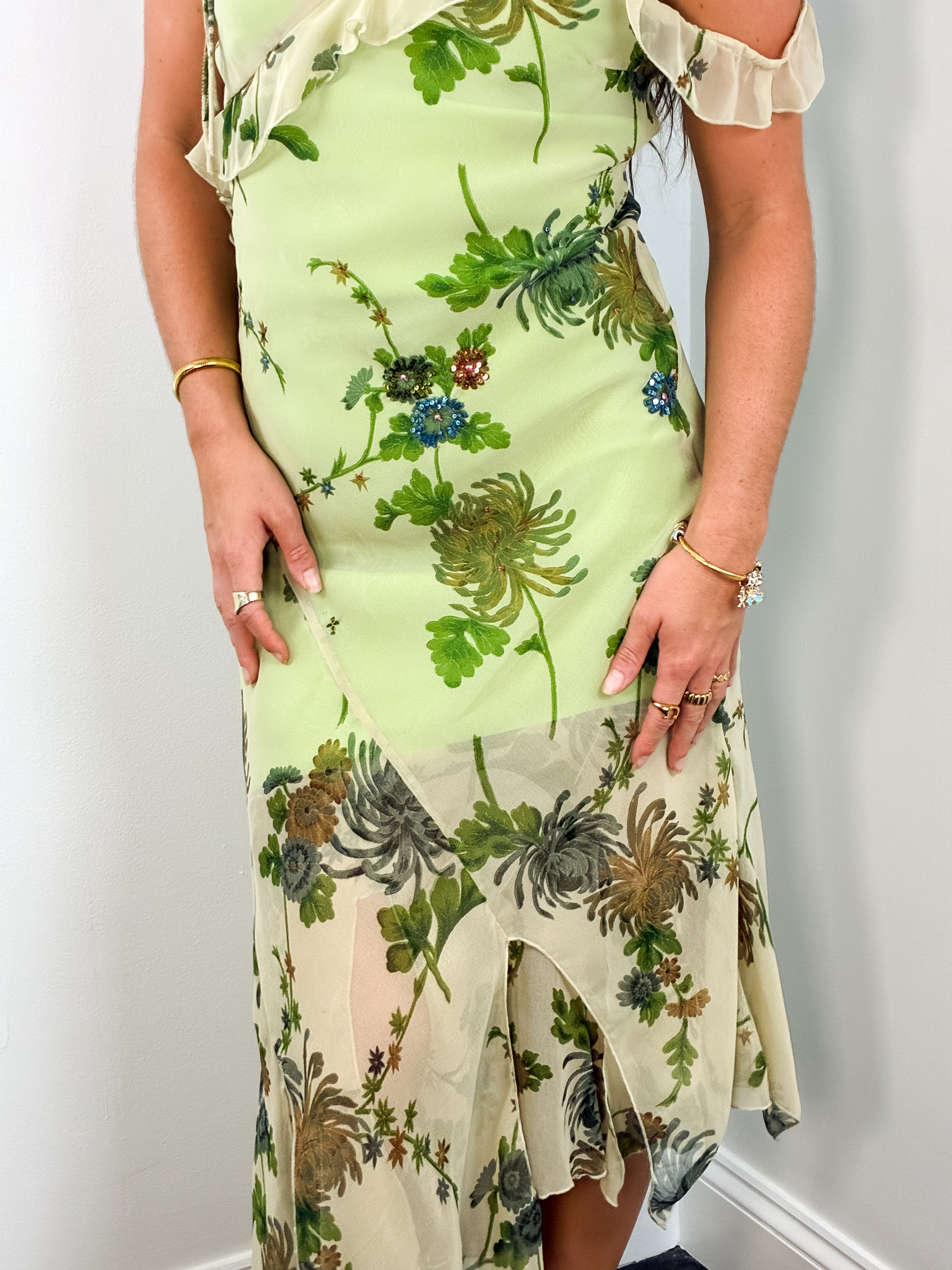 2000s Green Floral Sequin Chiffon Handkerchief Hem Maxi Dress - S/M
