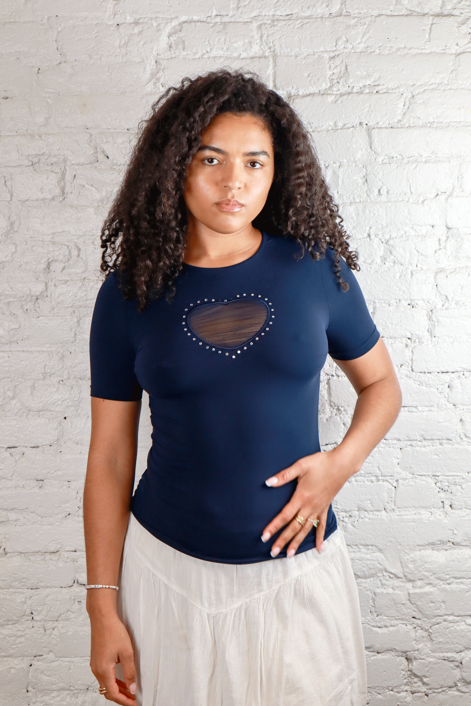 Blumarine Navy Heart Mesh Tee