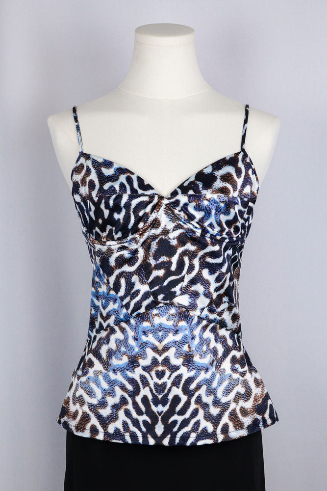 Just Cavalli 2000s Blue & White Animalier Satin Cami Top