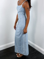 Jessica McClintock Gunne Sax 1990s Powder Blue Metallic Brocade Gown - XS/S