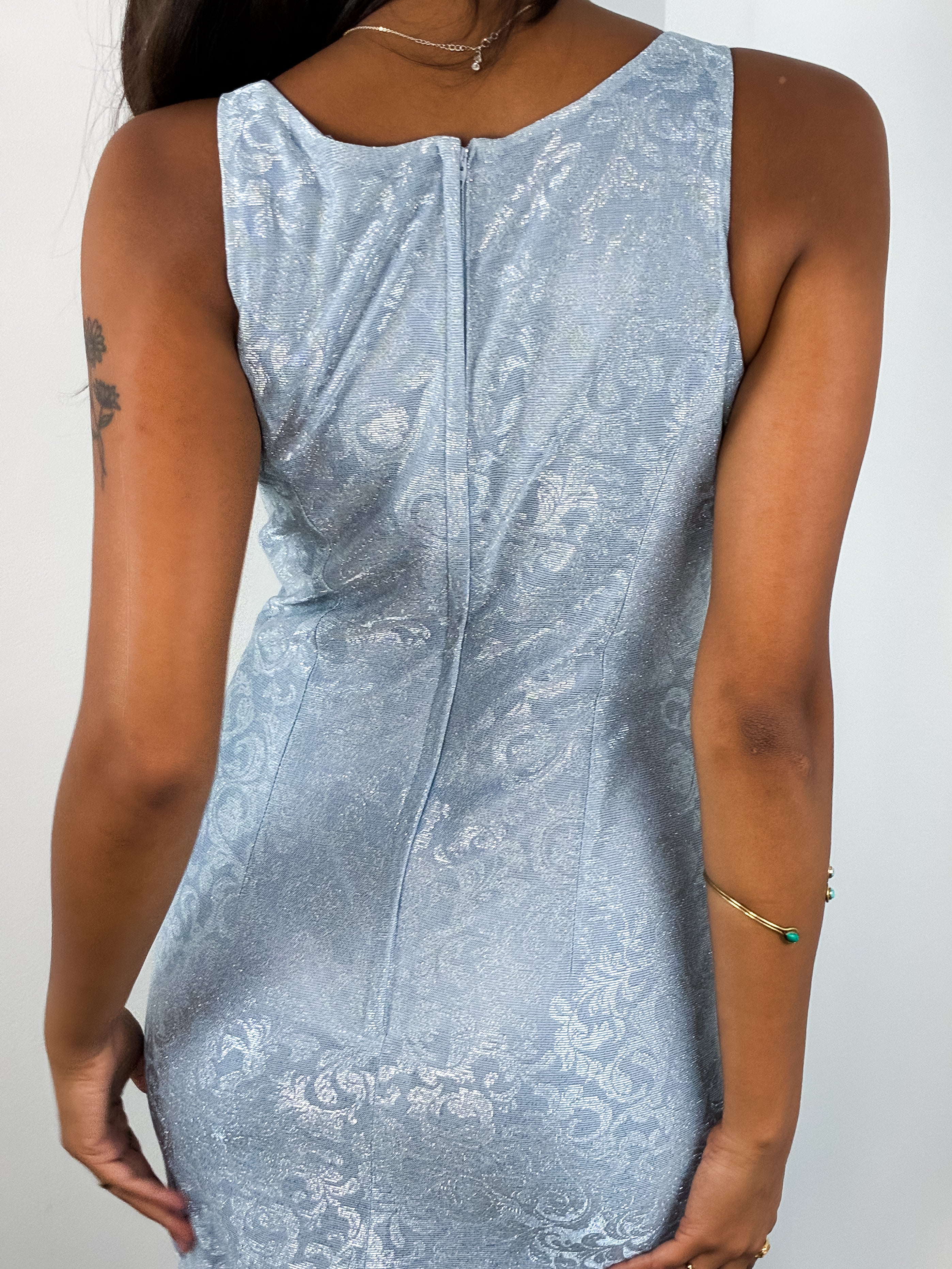 Jessica McClintock Gunne Sax 1990s Powder Blue Metallic Brocade Gown - XS/S
