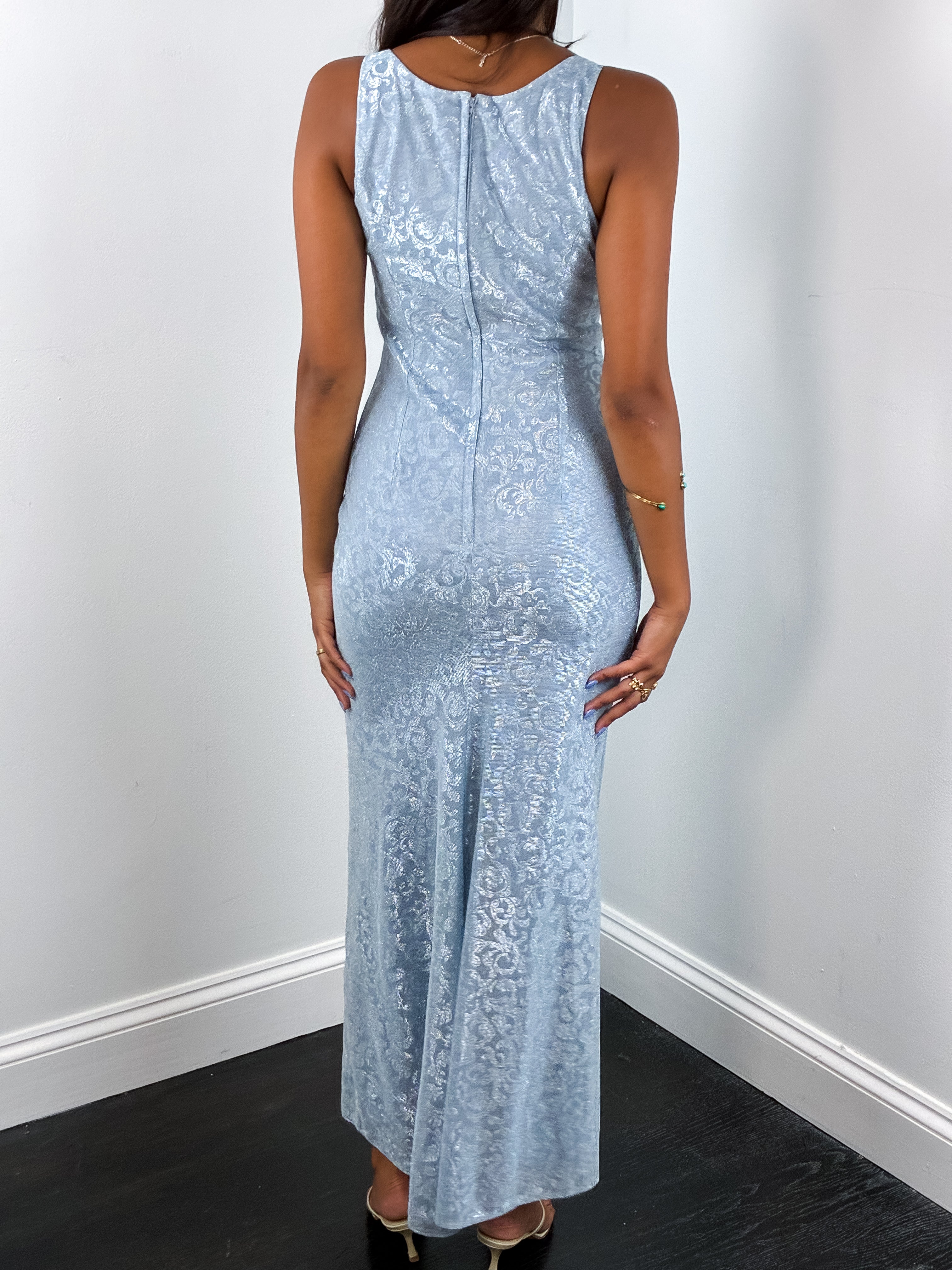 Jessica McClintock Gunne Sax 1990s Powder Blue Metallic Brocade Gown - XS/S