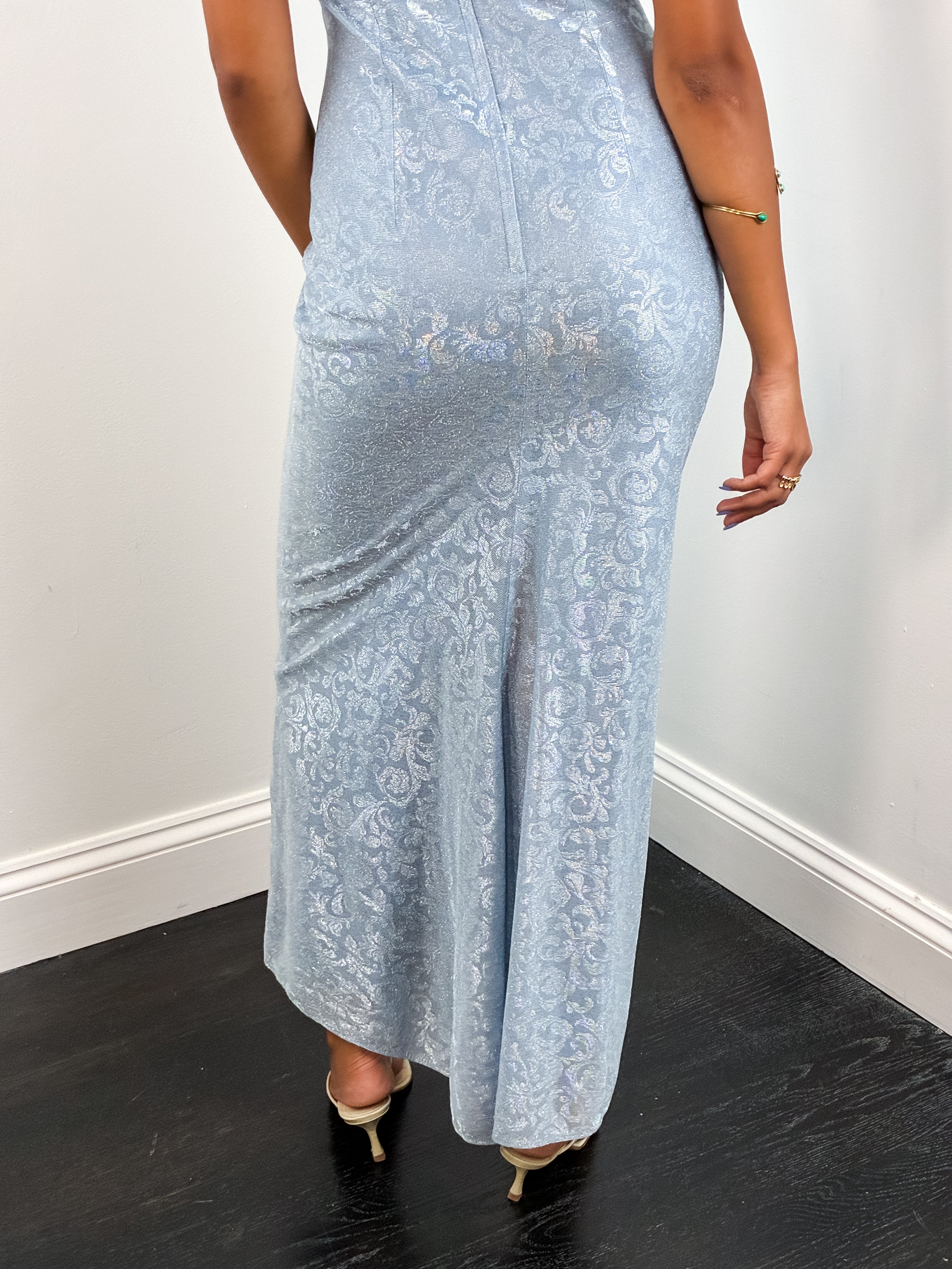 Jessica McClintock Gunne Sax 1990s Powder Blue Metallic Brocade Gown - XS/S