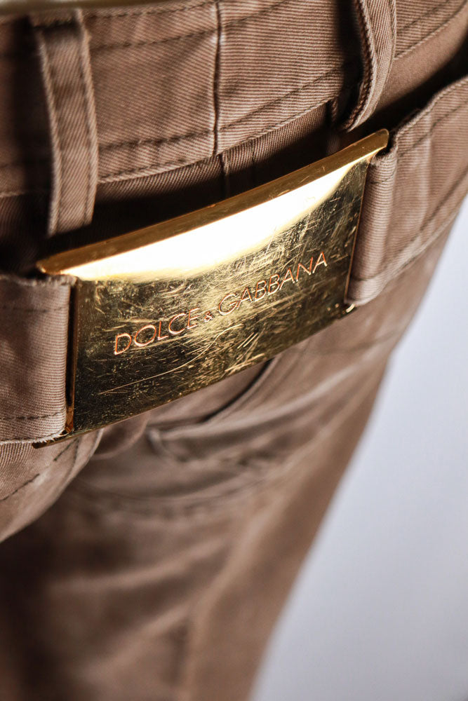 Dolce & Gabbana 1999 Brown Flared Pants with Gold Belt Buckle