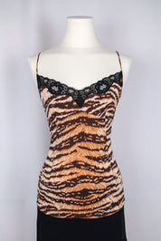 Dolce & Gabbana 2000s Tiger Print Satin Lace Trim Cami Top