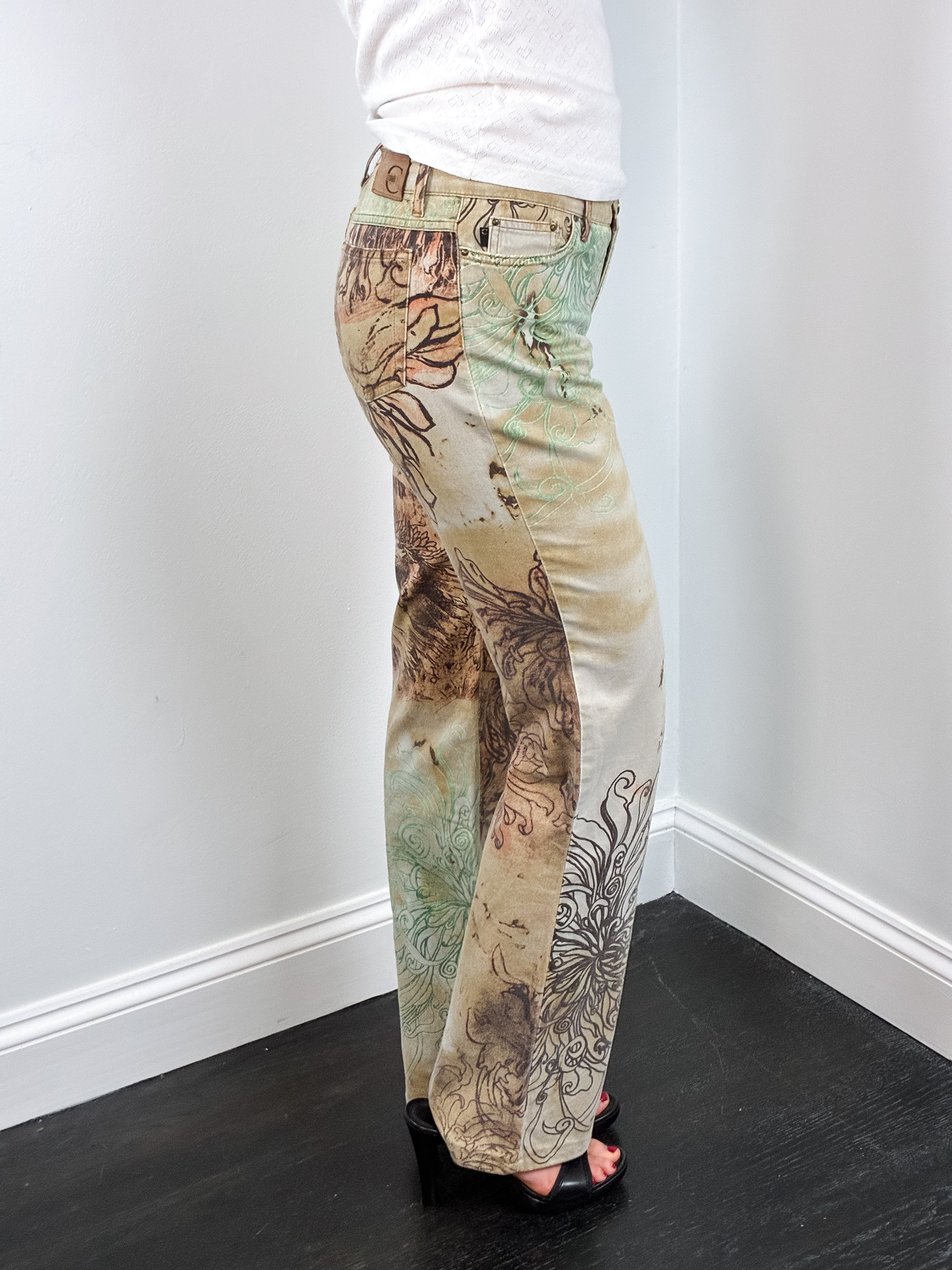 Just Cavalli 2000s Floral Tattoo Print Flared Jeans - W29