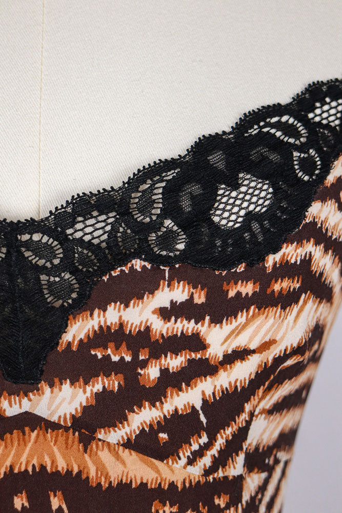 Dolce & Gabbana 2000s Tiger Print Satin Lace Trim Cami Top