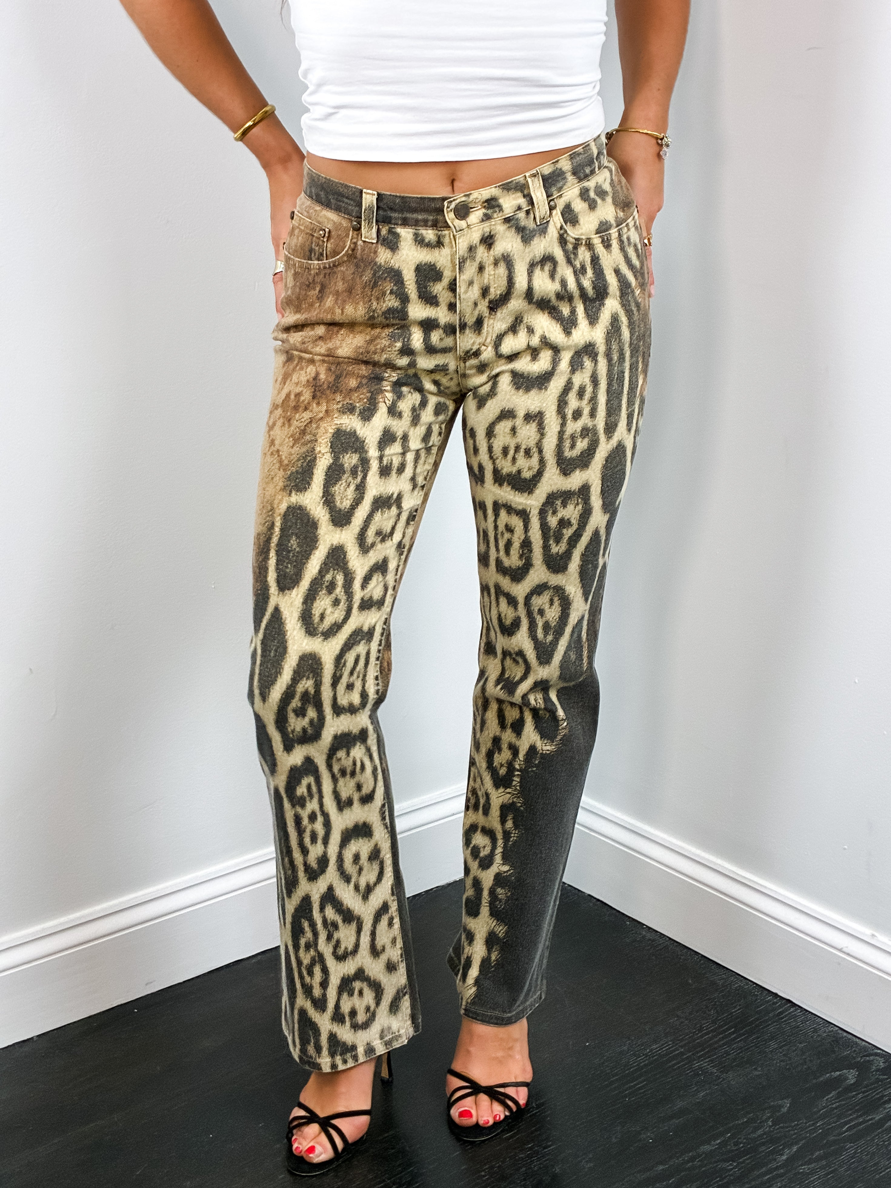 Roberto Cavalli 2000s Leopard Explosion Flared Jeans - W30