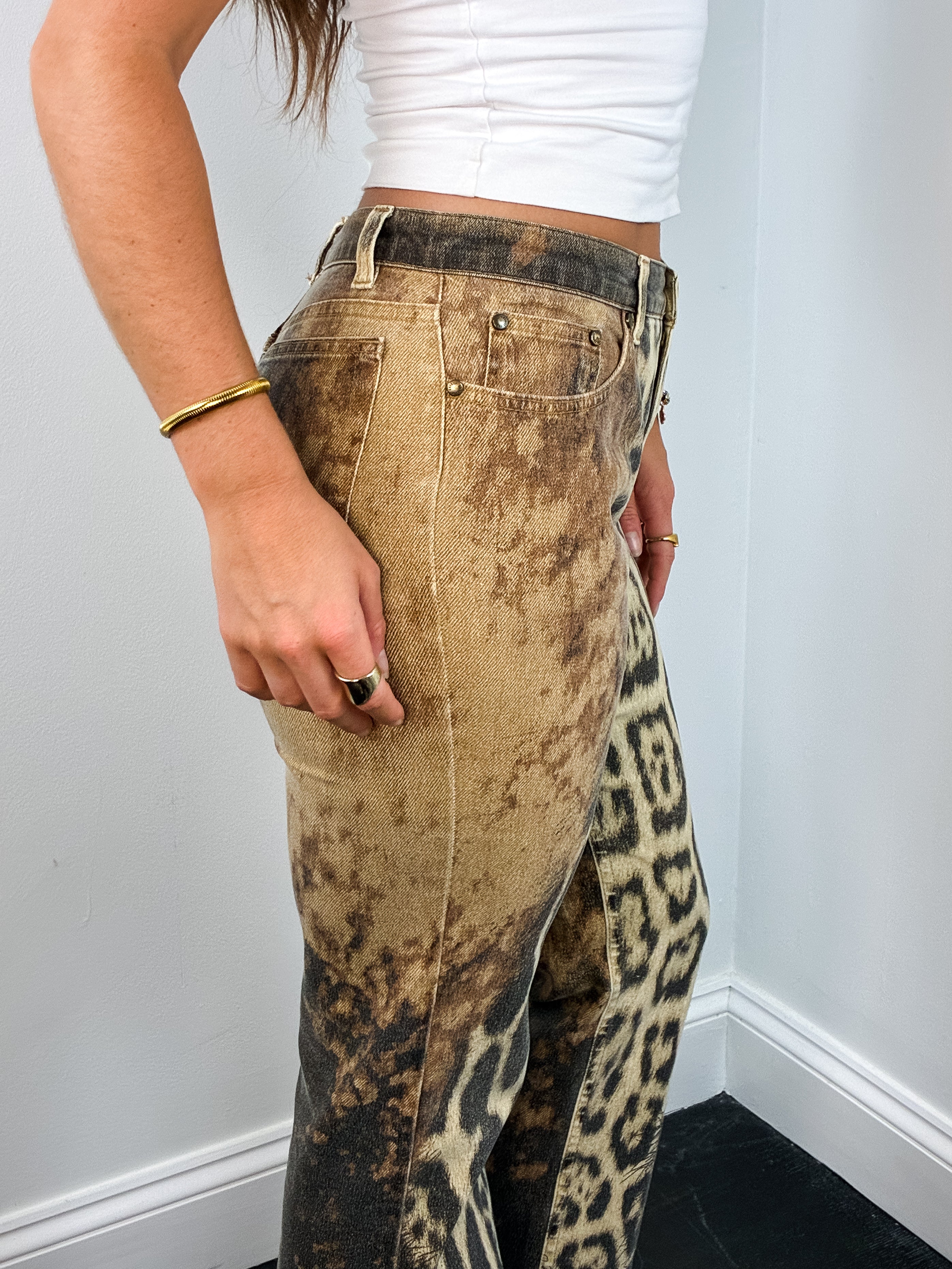 Roberto Cavalli 2000s Leopard Explosion Flared Jeans - W30
