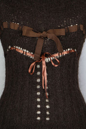 Vintage Black Knit Turtleneck with Ribbon Corset Detail