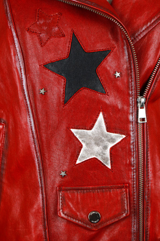 Red Star Patch Leather Moto Jacket